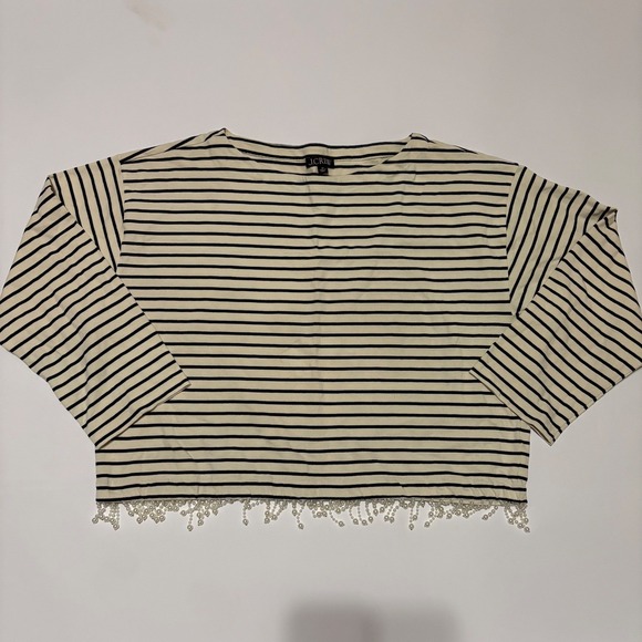 J.CREW Tops - J.Crew Womens 2X Navy Ivory Striped Boatneck Top Pearl Fringe Hem Cropped Cotton